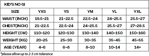 Kids No Gi Size guide